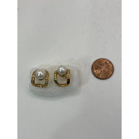 Vintage Gold-Tone Faux Pearl & Rhinestone Earrings A318 - Picture 4 of 6